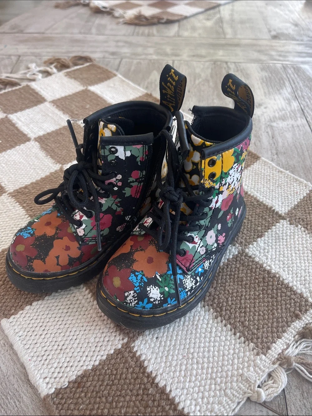 Dr. Martens Kids Floral Lace-Up Boots in Black with Multi-Color Flowers